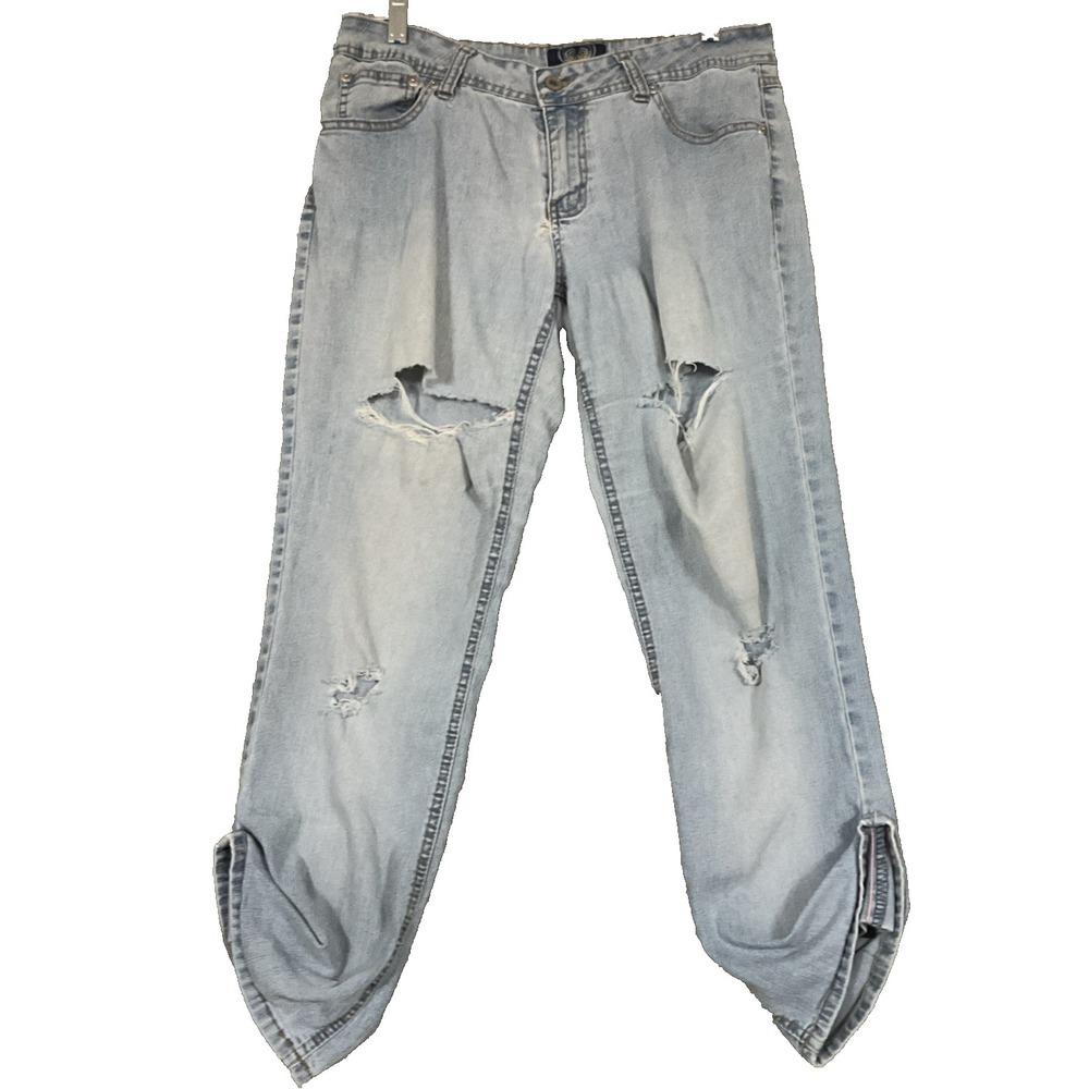 Angels Jeans Y2K Sz 11 JRS Blue Whisker Cropped Cinched Capri Pants Embroidered
